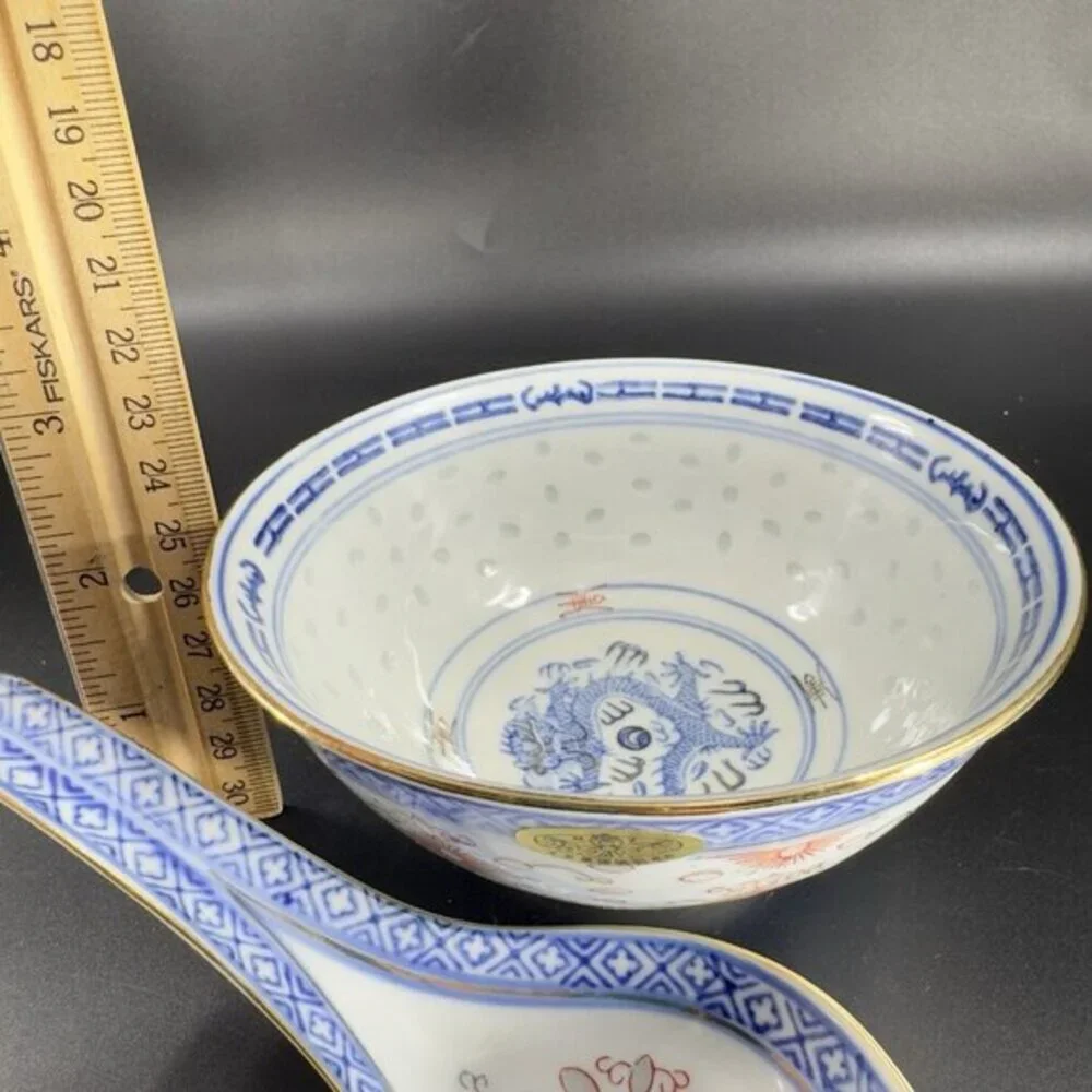 Vintage Chinese‎ Porcelain Rice Grain Bowl And Spoon Decorated Bowl With Sticker
